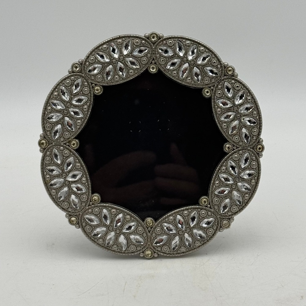 Concepts In Time Round Silver Crystal Bejeweled Picture Frame 3x3 Photo 5 Inch